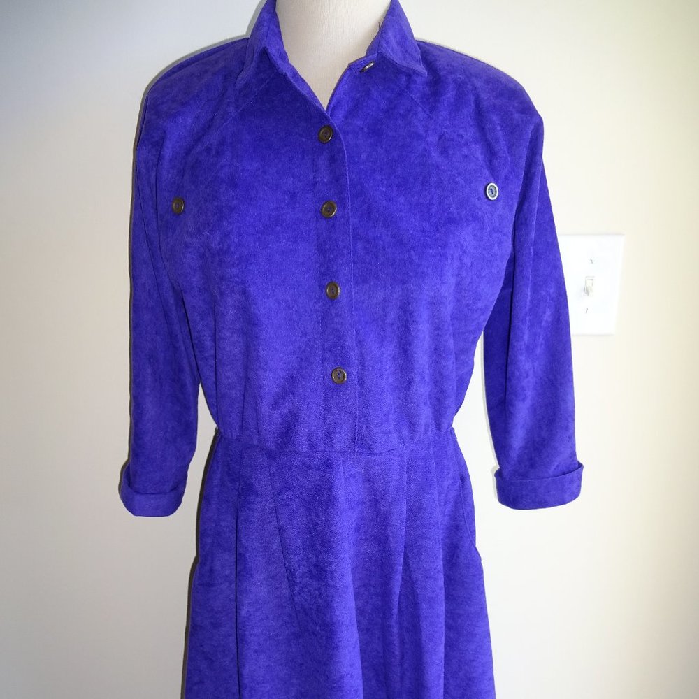 Vintage 1980s 1990s Womens S.L. SL Petites Purple Shirt Dress 10 Faux Suede